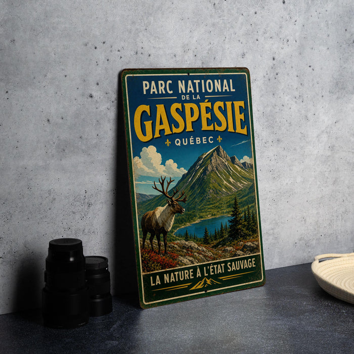 A vintage metal sign for the Gaspésie National Park in Quebec, featuring a deer and a mountain landscape.