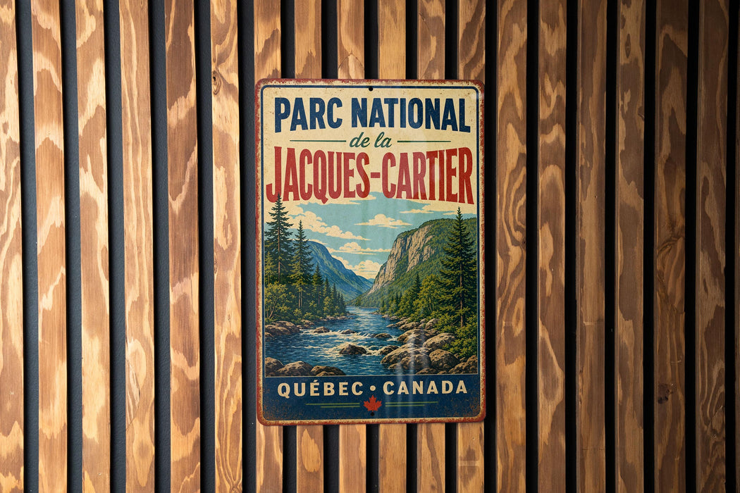 A vintage-style metal sign with the text "PARC NATIONAL de la JACQUES-CARTIER" and "QUEBEC CANADA" is displayed on a wooden wall.