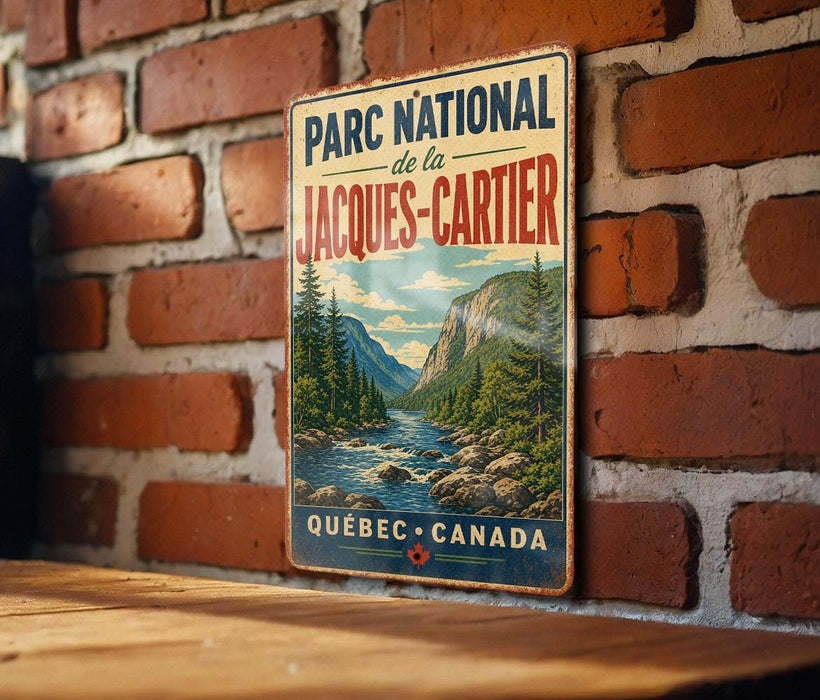 A vintage-style metal sign with the text "PARC NATIONAL de la JACQUES-CARTER" and "QUEBEC-CANADA" is displayed on a brick wall.