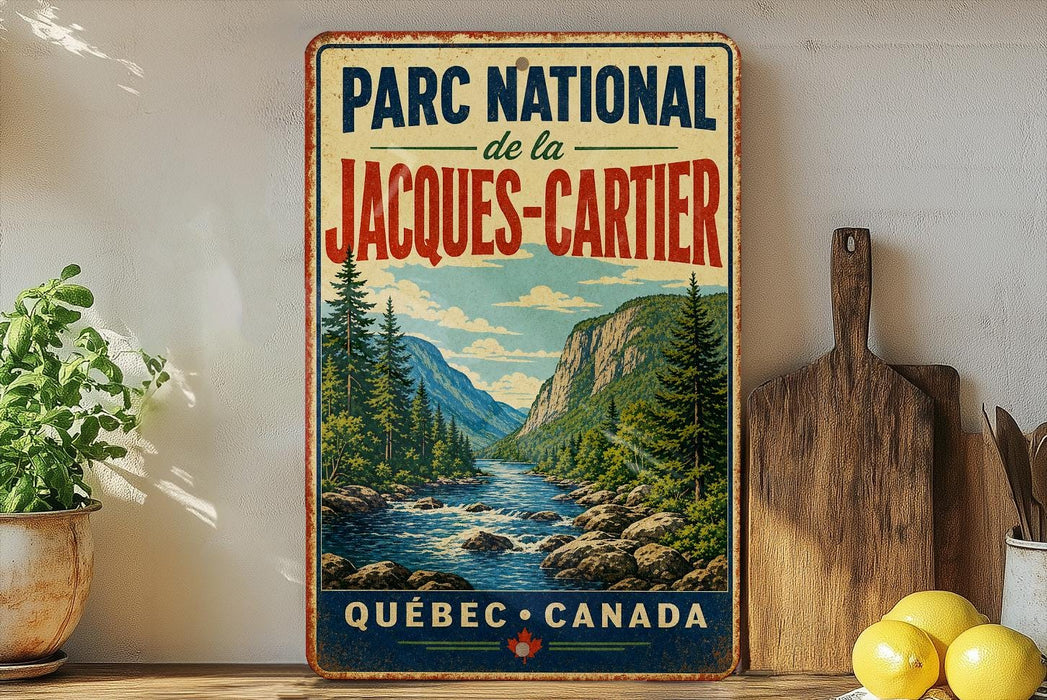A vintage-style metal sign for the Park National de la Jacques-Cartier in Quebec, Canada, featuring a scenic mountain landscape with a river and pine trees.