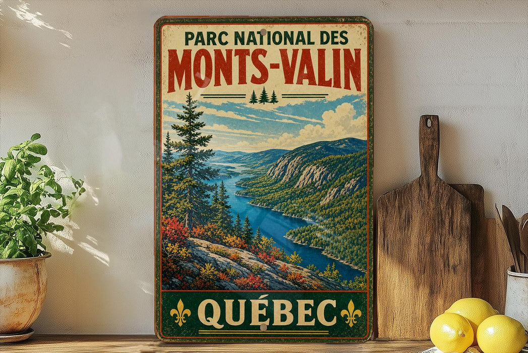 A vintage-style poster of the Monts-Valin National Park in Quebec, Canada, featuring a scenic mountain landscape with a river and pine trees.