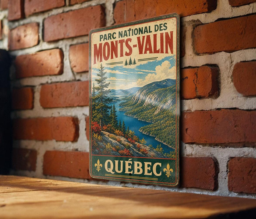 A vintage metal sign for the Park National des Monts-Valin in Quebec, featuring a scenic mountain landscape with a river and pine trees.