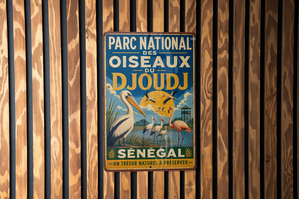 A vintage metal sign with text and illustrations, hanging on a wooden wall.