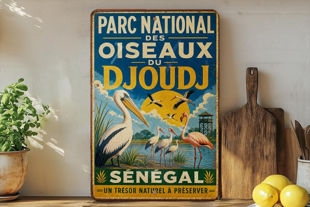 A vintage-style metal sign with text and illustrations, including a large bird, is displayed on a shelf next to a wooden cutting board and some fruit.