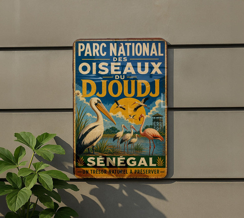A vintage-style metal sign with a colorful illustration of birds and a natural landscape, mounted on a wall.