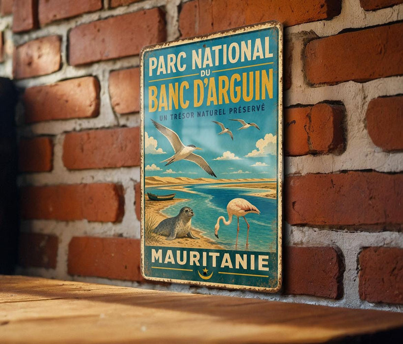 A vintage-style metal sign with text and illustrations, mounted on a brick wall.