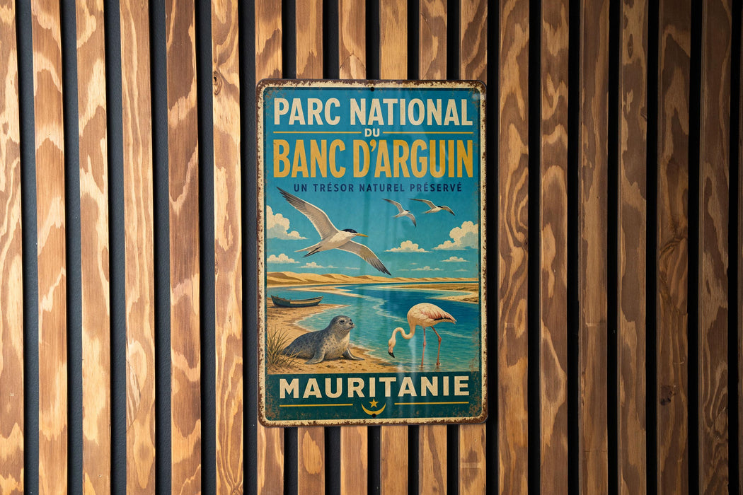 A vintage metal sign with text and illustrations of birds and a seal, mounted on a wooden wall.