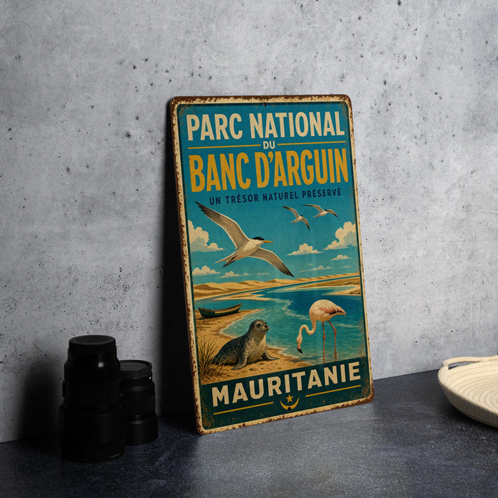 A vintage metal sign for the Mauritian National Bank, featuring a seagull, flamingo, and seal, along with the text "PARC NATIONAL D'ARGUIN BANC D'ARGUIN UN TERSOR NATUREL PRESERVE MAURITANIE".
