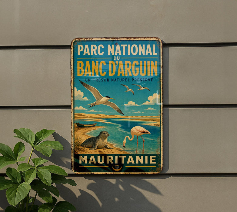 a vintage-style metal sign with a beach scene and birds, mounted on a wall.