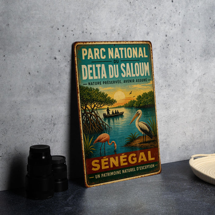 A vintage-style metal sign for the park national of Senegal, featuring an illustration of a seagull, a flamingo, and a boat on a river.