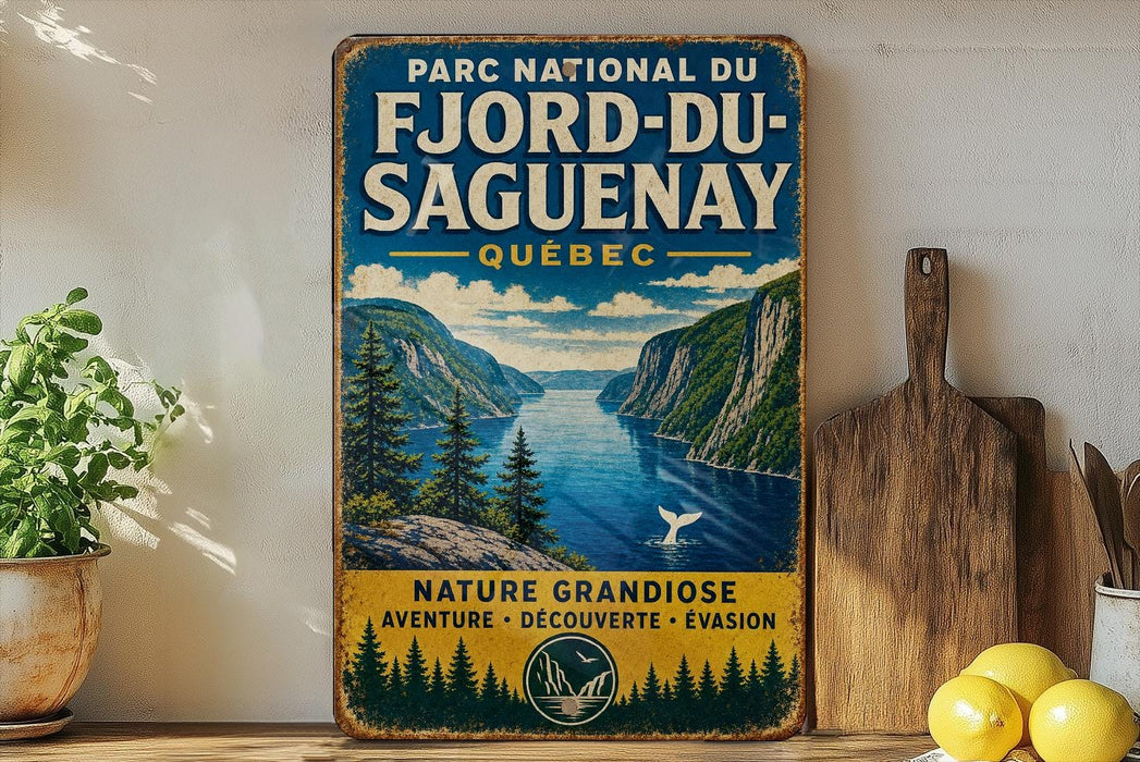 A vintage-style metal sign for the Park National du Fjord-du Saguenay, Quebec, featuring a scenic landscape with mountains, a lake, and pine trees.