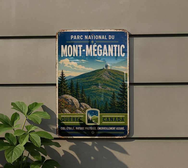 A vintage-style metal sign for the PARC NATIONAL DU MONT-MEGANTIC park in Quebec, Canada, featuring a scenic mountain landscape with pine trees and a small building on top.