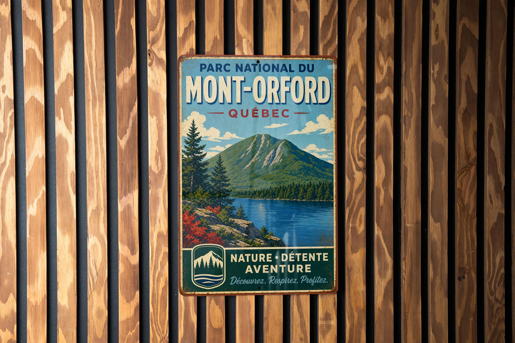 A vintage metal sign with a mountain landscape and a lake, mounted on a wooden wall.
