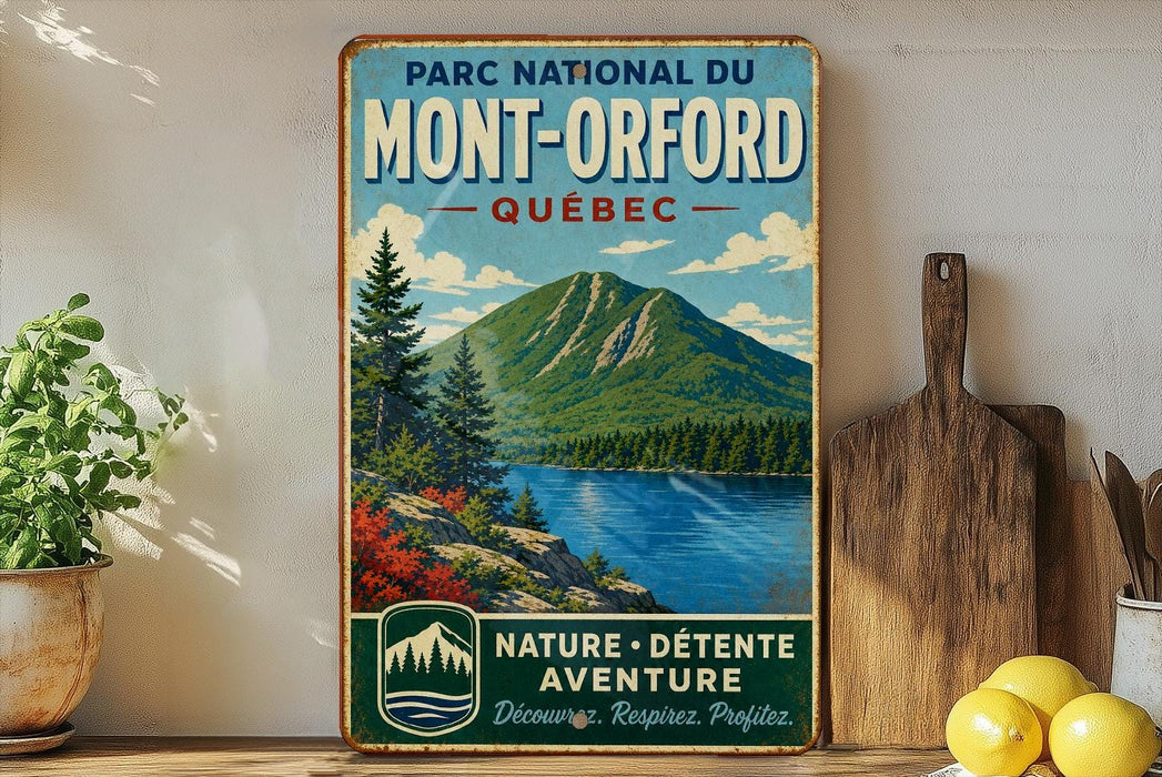 A vintage-style poster advertising the "Mont-Orford" region in Quebec, featuring a mountain landscape with a lake and pine trees.