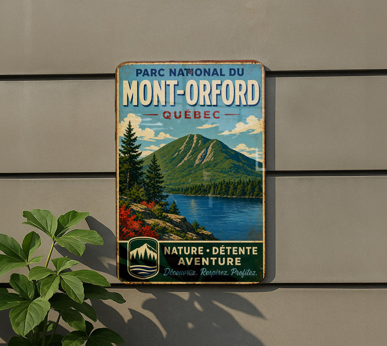 A vintage-style metal sign for the Park National du Mont-Orford in Quebec, featuring a scenic mountain landscape with a lake and pine trees.