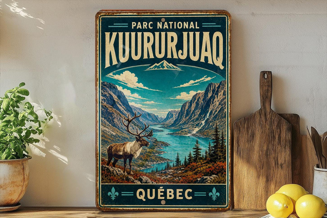 A vintage-style metal sign for the Park National in Kúururjúq, Quebec, featuring a reindeer and a mountainous landscape.