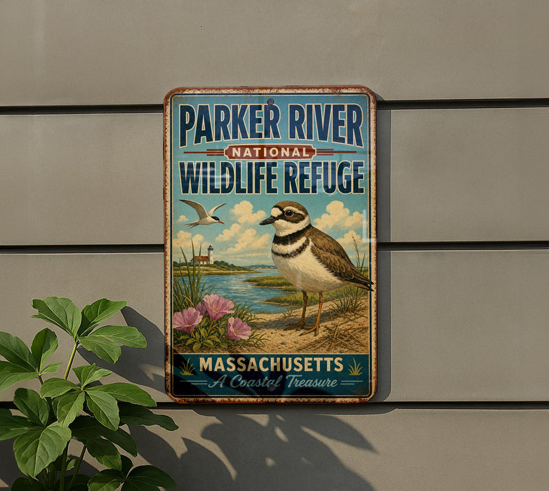 A vintage metal sign for the Parker River National Wildlife Refuge in Massachusetts, featuring a bird and a scenic landscape.