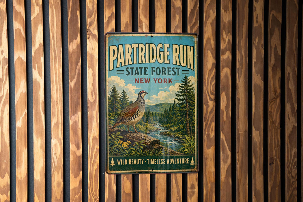 A vintage metal sign for the Partridge Run State Forest in New York, featuring a bird and a forest landscape.