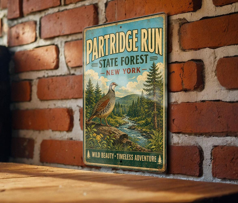 A vintage metal sign for the Partridge Run State Forest in New York, featuring a bird and a forest landscape.