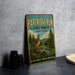 A vintage-style metal sign advertising the Partridge Run State Forest in New York, featuring a bird and a scenic landscape.