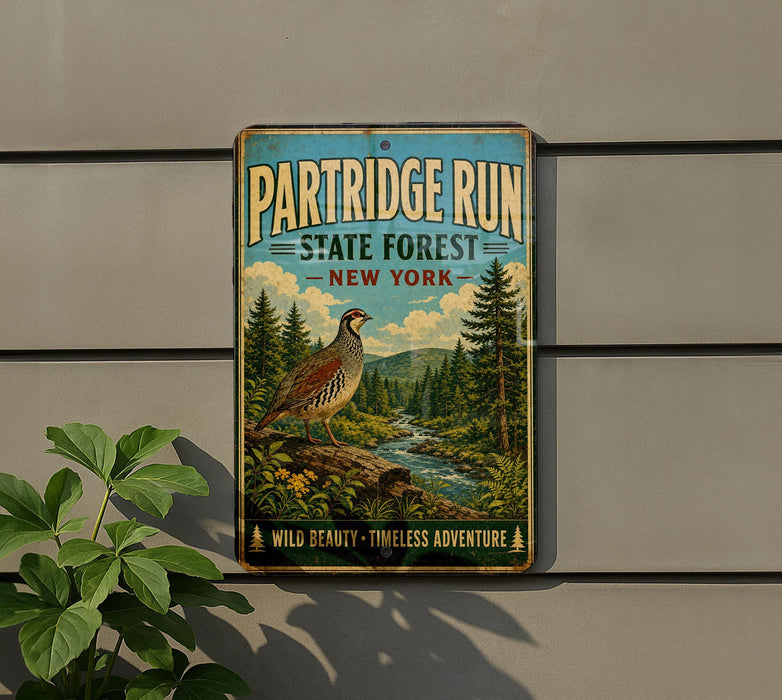 A vintage-style metal sign for the Partridge Run State Forest in New York, featuring a bird and a scenic landscape.
