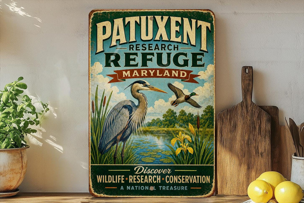 A vintage-style metal sign with a bird illustration and text, placed on a wooden surface next to a wooden cutting board and some lemons.