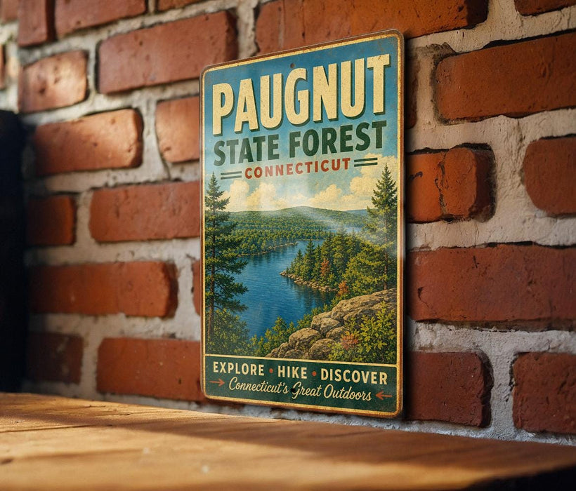 A vintage-style metal sign for Paugnut State Forest in Connecticut, featuring a scenic landscape with pine trees, a lake, and mountains.