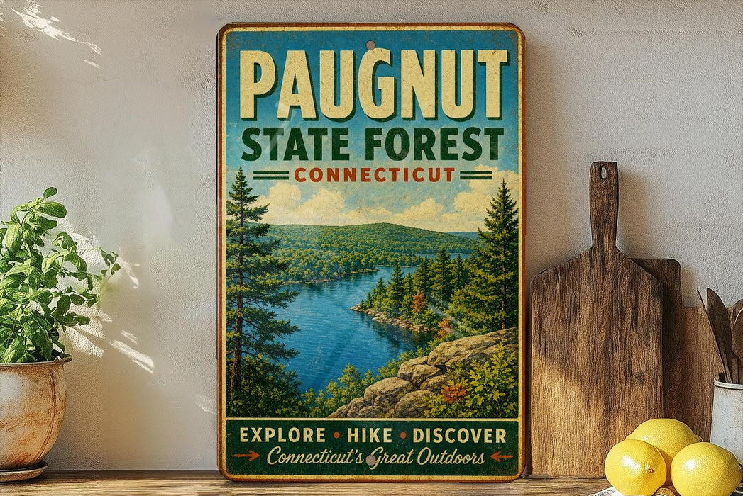 A vintage-style metal sign for Paugnut State Forest in Connecticut, featuring a scenic landscape with pine trees, a river, and mountains.