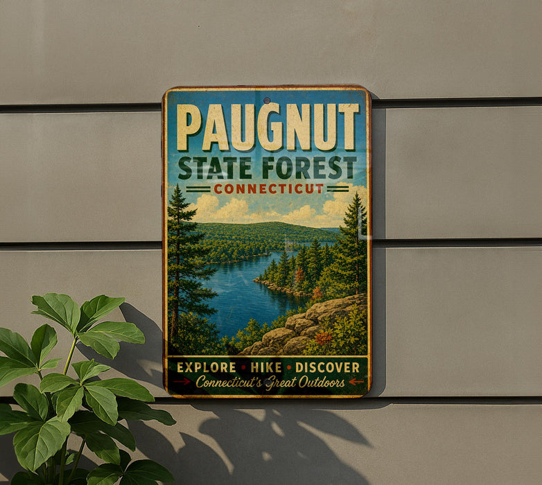 A vintage-style metal sign for Paugnut State Forest in Connecticut, featuring a scenic landscape with pine trees, a river, and mountains.