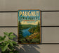 A vintage-style metal sign for Paugnut State Forest in Connecticut, featuring a scenic landscape with pine trees, a river, and mountains.