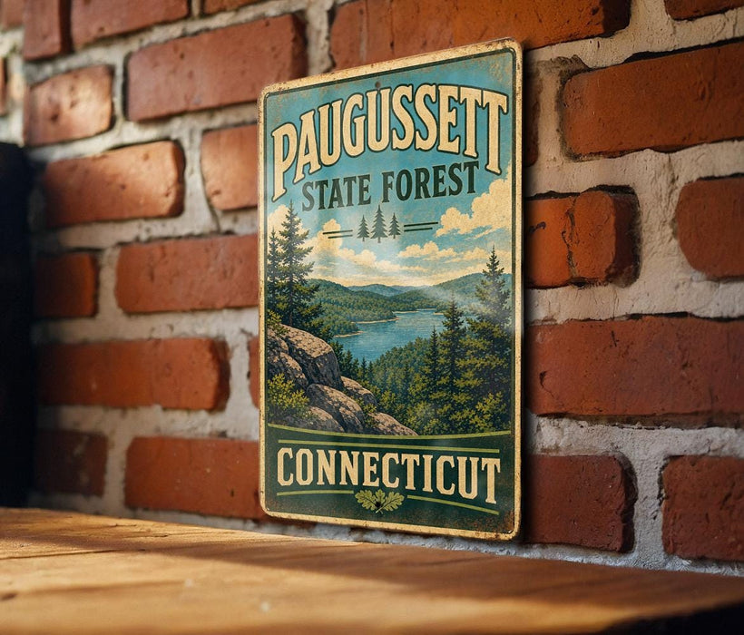 A vintage metal sign for Paugusset State Forest in Connecticut, featuring a scenic landscape with pine trees, mountains, and a lake.
