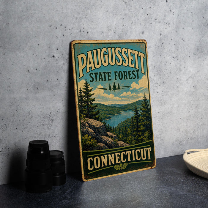 A vintage-style sign for Paugussett State Forest in Connecticut, featuring a scenic landscape with pine trees and a lake.