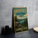 A vintage-style sign for Paugussett State Forest in Connecticut, featuring a scenic landscape with pine trees and a lake.