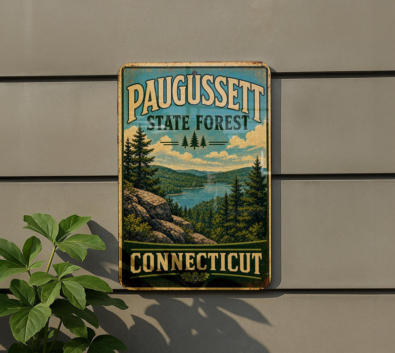 A vintage metal sign for Paugussett State Forest in Connecticut, featuring a scenic landscape with pine trees, a lake, and mountains.