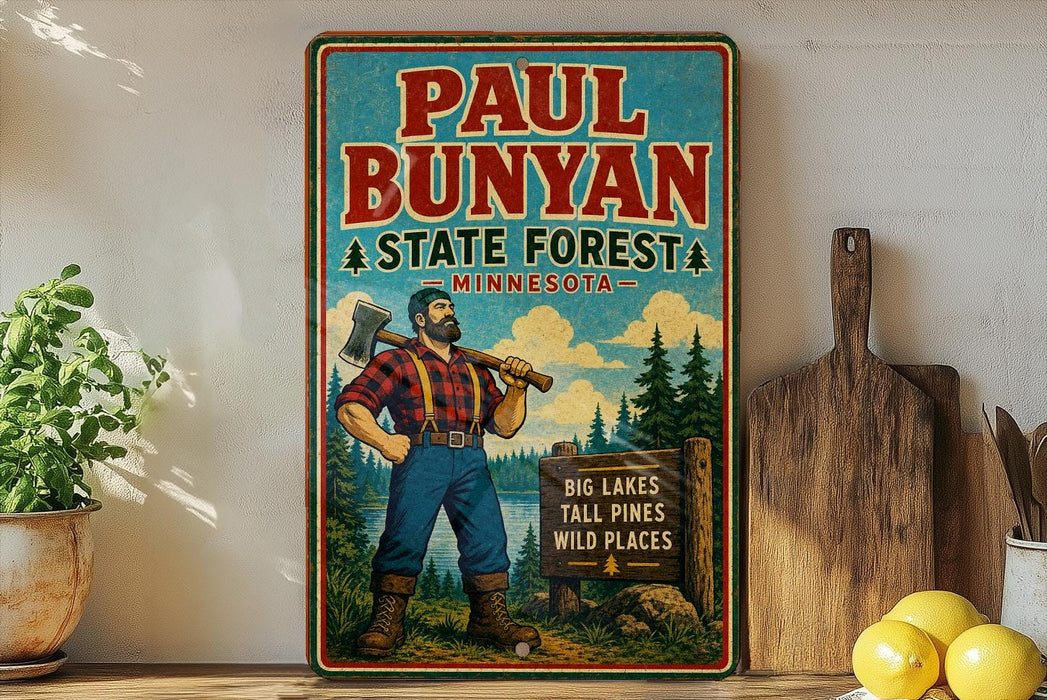 A vintage-style poster of Paul Bunyan, a famous lumberjack, is displayed on a wall next to a wooden cutting board and some kitchen utensils.