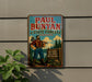 A vintage-style metal sign featuring a man in a plaid shirt and jeans, holding a log, with a forest scene and text promoting Paul Bunyan State Forest in Minnesota.