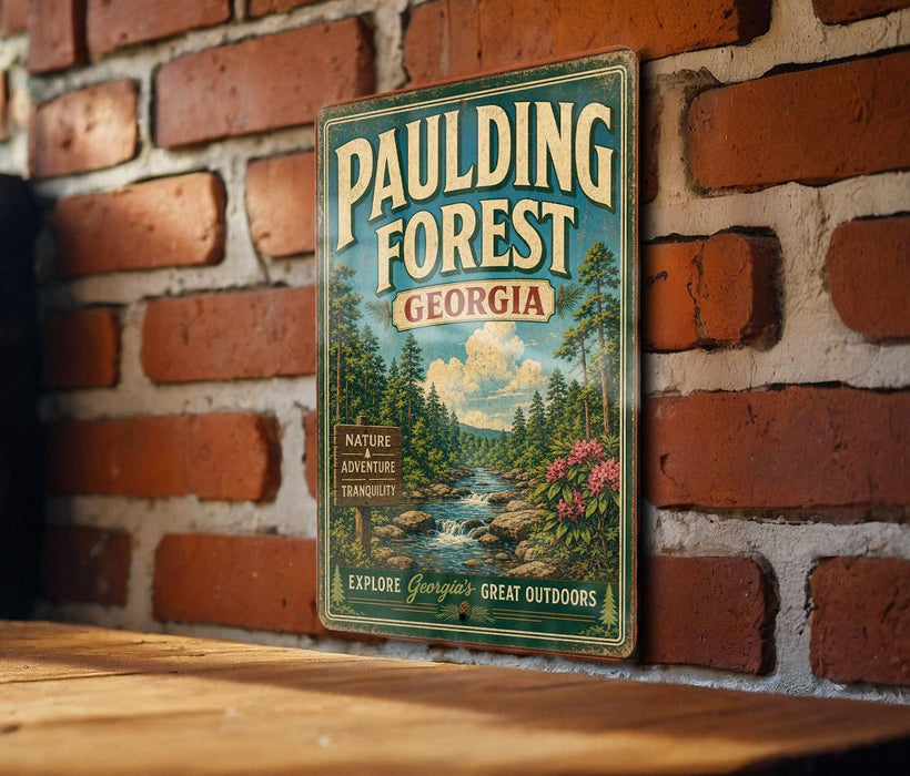 A vintage metal sign for Pauling Forest, Georgia, featuring a scenic illustration of a forest and a river, mounted on a brick wall.