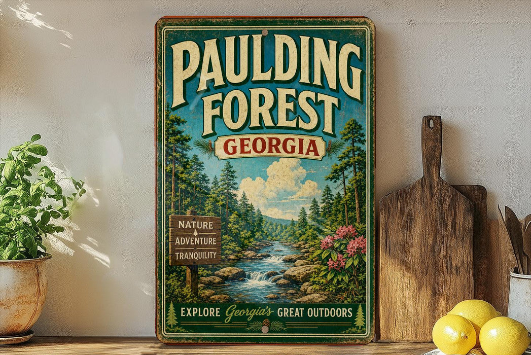 A vintage-style metal sign for Pauling Forest in Georgia, featuring a scenic illustration of a forest and a river, is displayed on a shelf next to a wooden cutting board and some potted plants.
