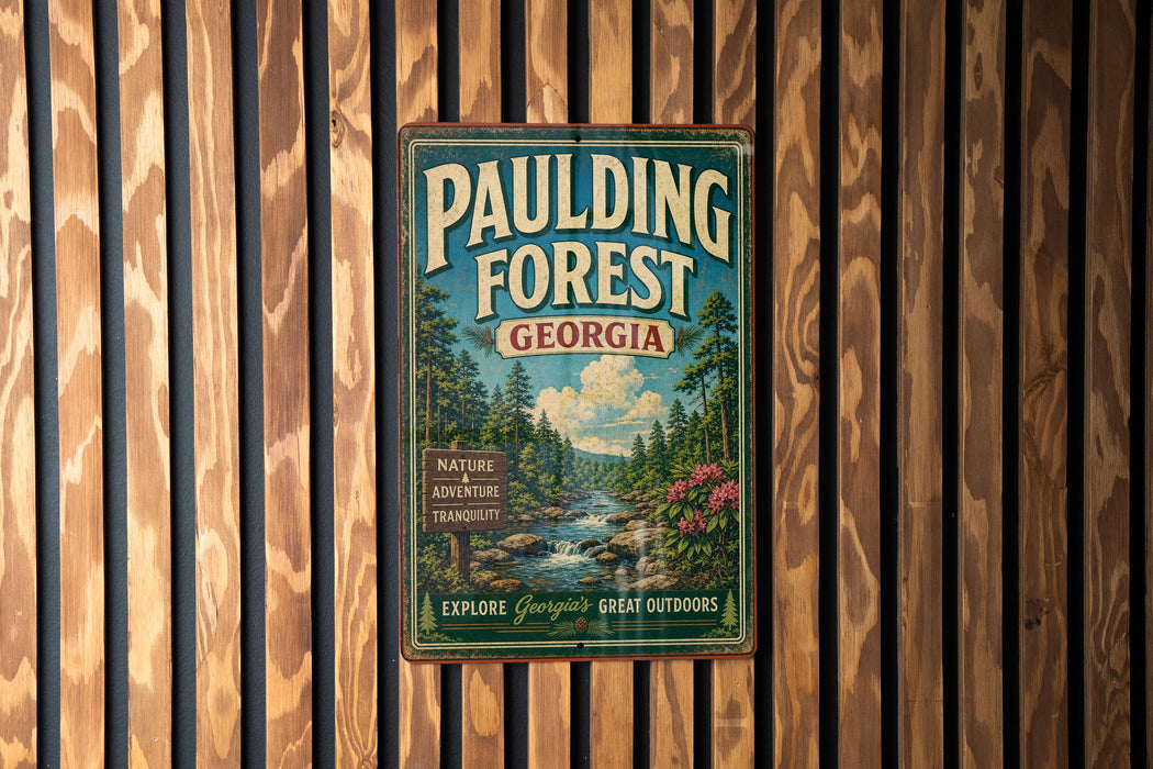A vintage metal sign for Pauling Forest in Georgia, featuring a scenic illustration of a forest and a stream.