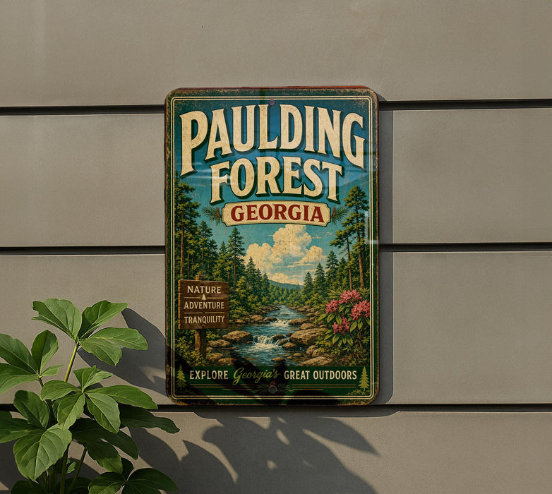 A vintage-style sign for Pauling Forest in Georgia, featuring a scenic illustration of the forest and a river.