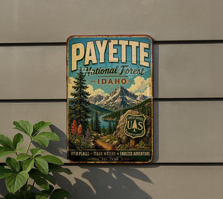 A vintage-style metal sign for the National Forest in Idaho, featuring a scenic landscape with mountains, pine trees, and a lake.