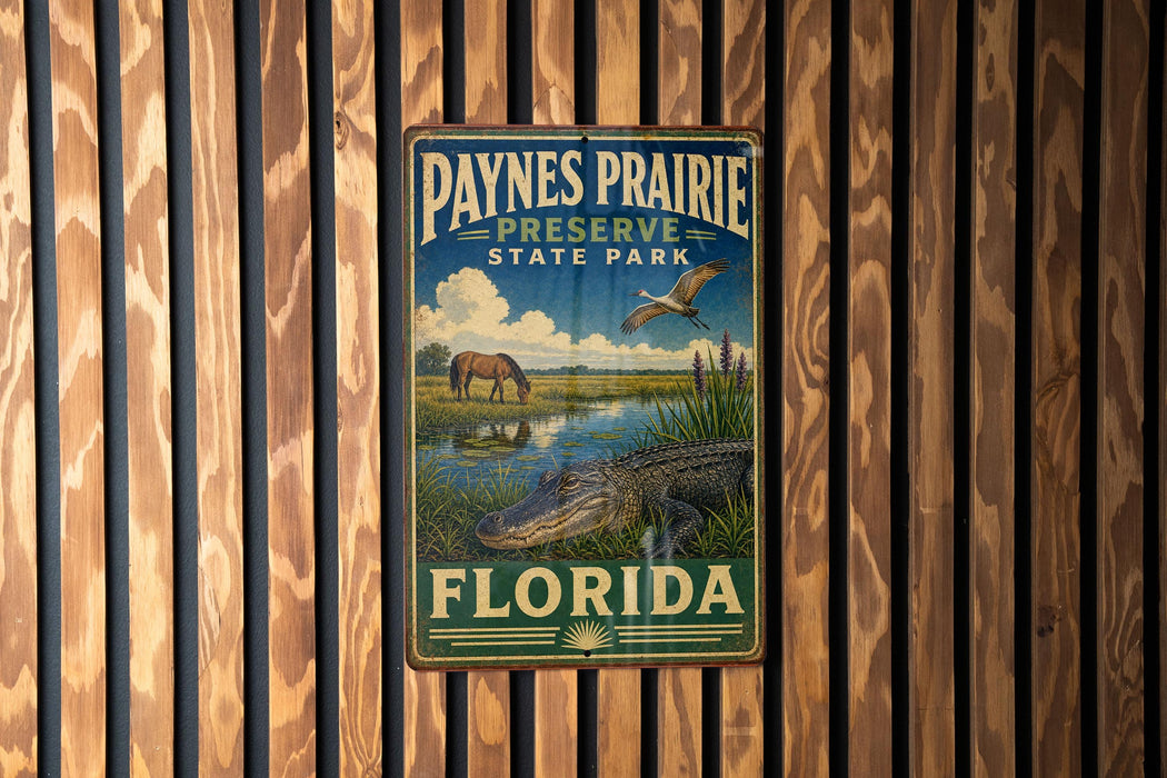 A vintage metal sign for Paynes Prairie Preserve State Park in Florida, featuring an illustration of a horse, alligator, and bird in a grassy field with a river.