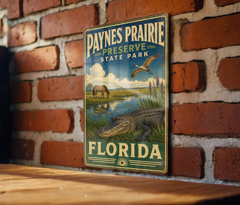 A vintage metal sign for the Paynes Prairie Preserve State Park in Florida, featuring an illustration of a horse, alligator, and bird in a grassy field with a brick wall in the background.