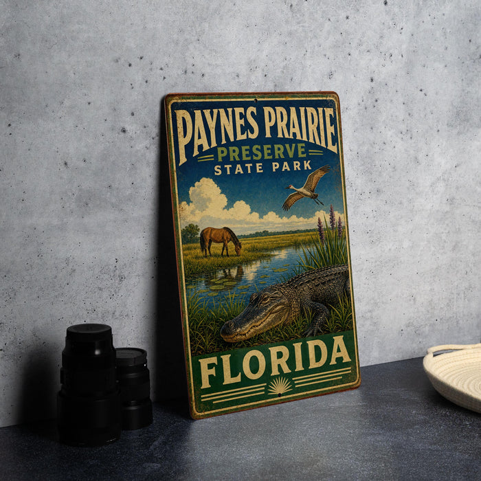 A vintage metal sign for the park, featuring an illustration of a horse, alligator, and bird in a grassy field with a body of water.