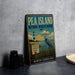 A vintage-style metal sign for the Pea Island National Wildlife Refuge in North Carolina, featuring a lighthouse and a bird in the foreground.