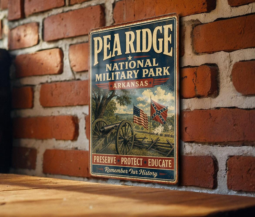 A vintage-style metal sign for Pea Ridge National Military Park in Arkansas, featuring an illustration of a cannon and a Union flag, mounted on a brick wall.
