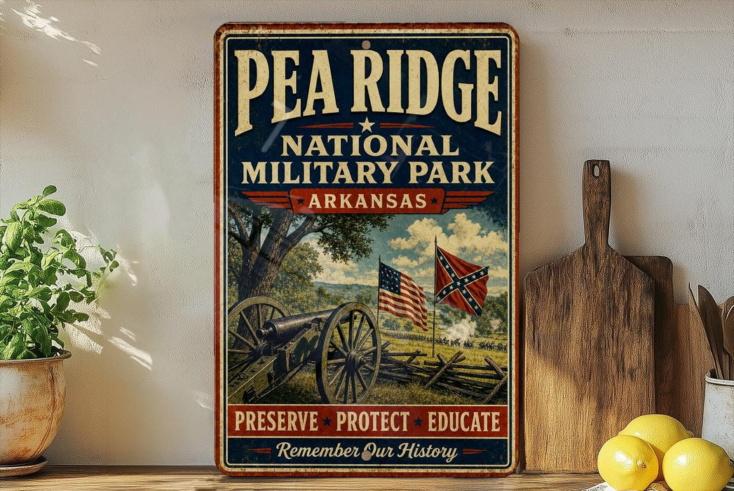 A vintage-style metal sign for Pea Ridge National Military Park in Arkansas, featuring an image of a cannon and a Union Jack flag, along with the text "Preserve, Protect, Educate Remember Our History".