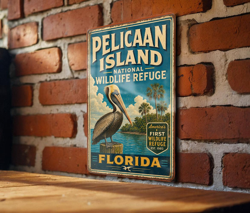 A vintage-style metal sign for Pelican Island National Wildlife Refuge in Florida, featuring an illustration of a pelican on a wooden surface against a brick wall background.