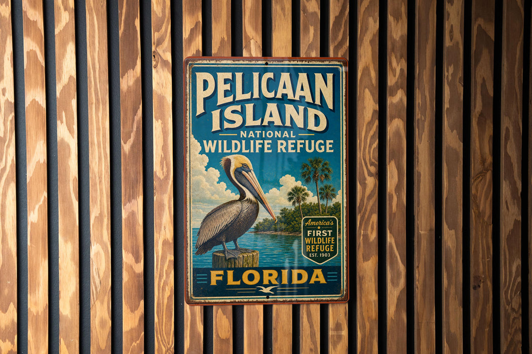 A vintage-style metal sign for Pelican Island National Wildlife Refuge in Florida, featuring a pelican and palm trees.