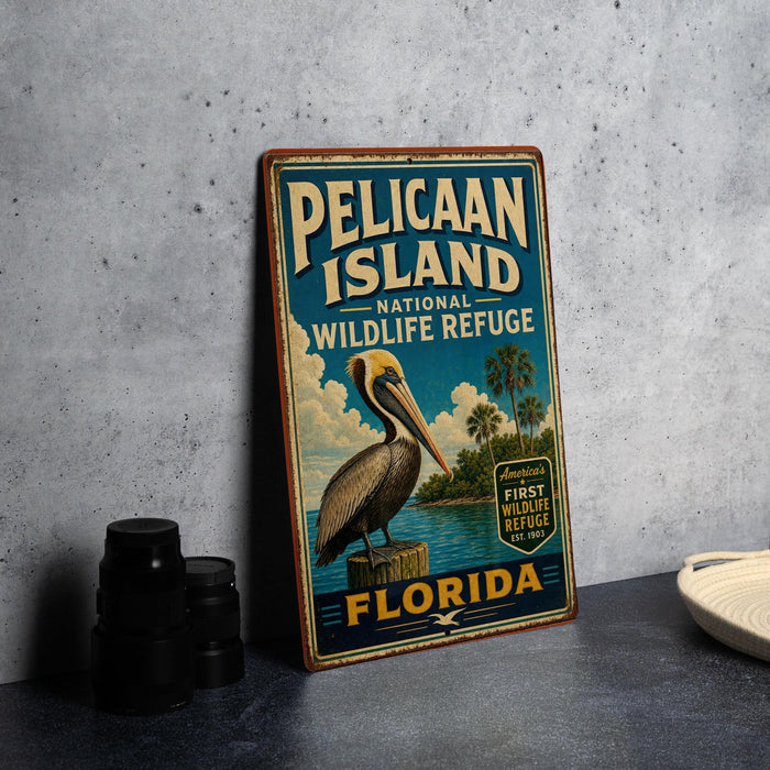A vintage-style sign for Pelican Island National Wildlife Refuge in Florida, featuring a pelican and palm trees, is displayed on a gray countertop next to a stack of black camera lenses.